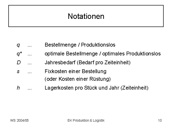 Notationen q . . . Bestellmenge / Produktionslos q* . . . optimale Bestellmenge