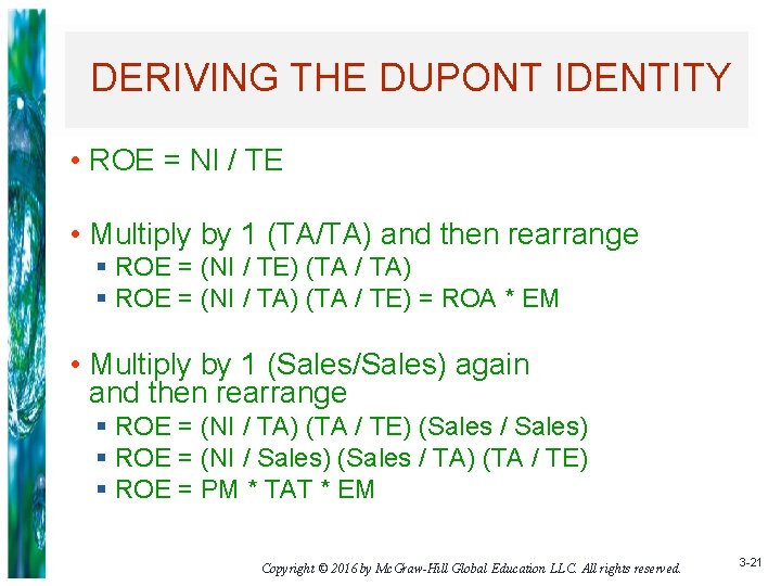 DERIVING THE DUPONT IDENTITY • ROE = NI / TE • Multiply by 1
