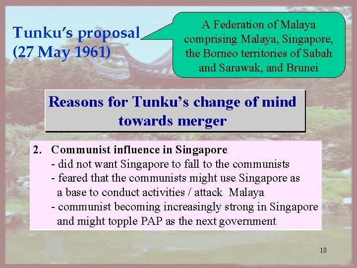 Tunku’s proposal (27 May 1961) A Federation of Malaya comprising Malaya, Singapore, the Borneo