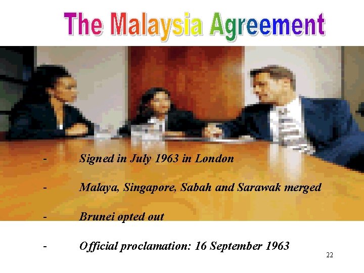 - Signed in July 1963 in London - Malaya, Singapore, Sabah and Sarawak merged