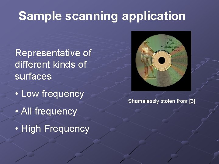 Sample scanning application Representative of different kinds of surfaces • Low frequency • All