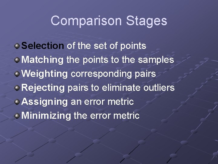 Comparison Stages Selection of the set of points Matching the points to the samples