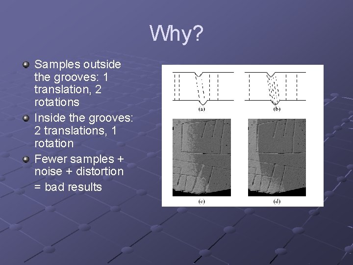 Why? Samples outside the grooves: 1 translation, 2 rotations Inside the grooves: 2 translations,