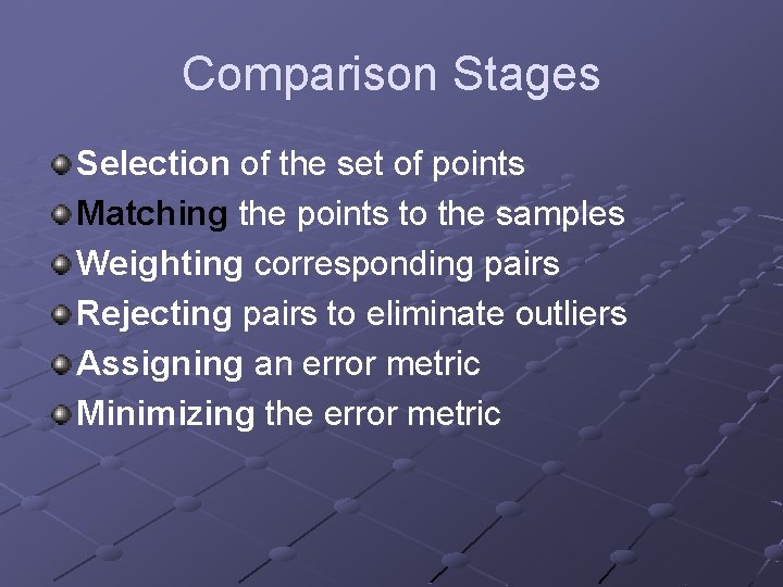 Comparison Stages Selection of the set of points Matching the points to the samples