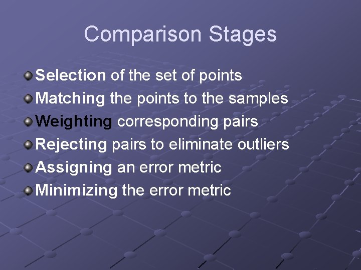 Comparison Stages Selection of the set of points Matching the points to the samples