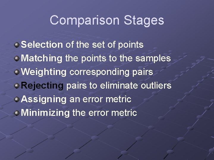 Comparison Stages Selection of the set of points Matching the points to the samples