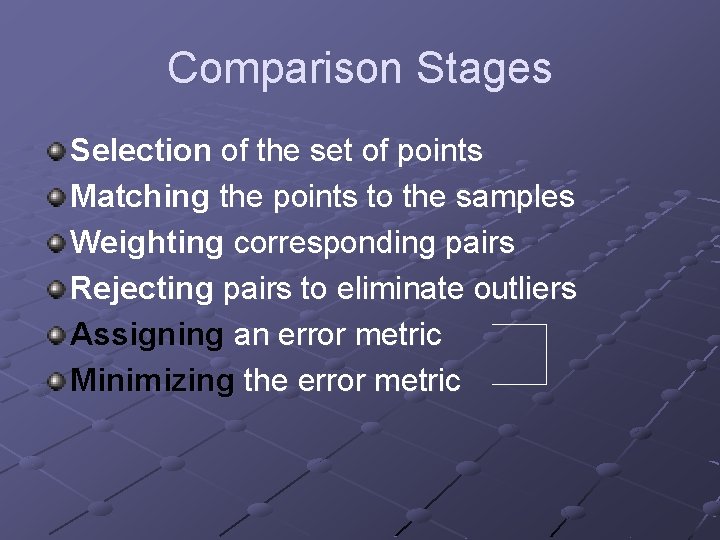 Comparison Stages Selection of the set of points Matching the points to the samples