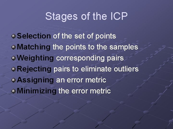 Stages of the ICP Selection of the set of points Matching the points to