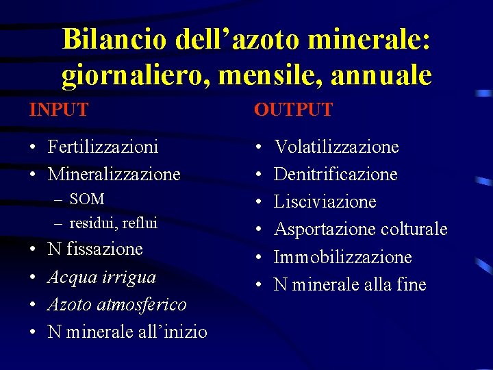 Bilancio dell’azoto minerale: giornaliero, mensile, annuale INPUT OUTPUT • Fertilizzazioni • Mineralizzazione • •