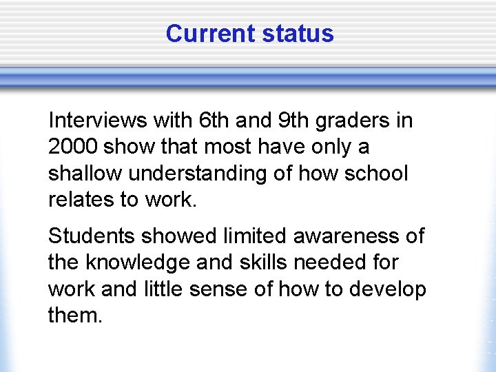 Current status Interviews with 6 th and 9 th graders in 2000 show that