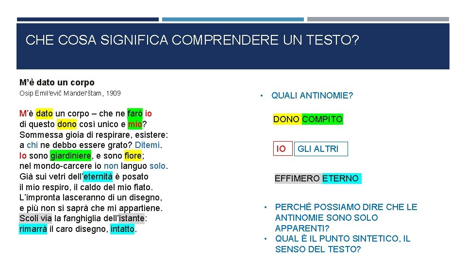 CHE COSA SIGNIFICA COMPRENDERE UN TESTO? M’è dato un corpo Osip Ėmil'evič Mandel'štam, 1909