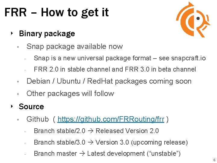 FRR – How to get it ‣ Binary package Snap package available now • FRR – How to get it ‣ Binary package Snap package available now •