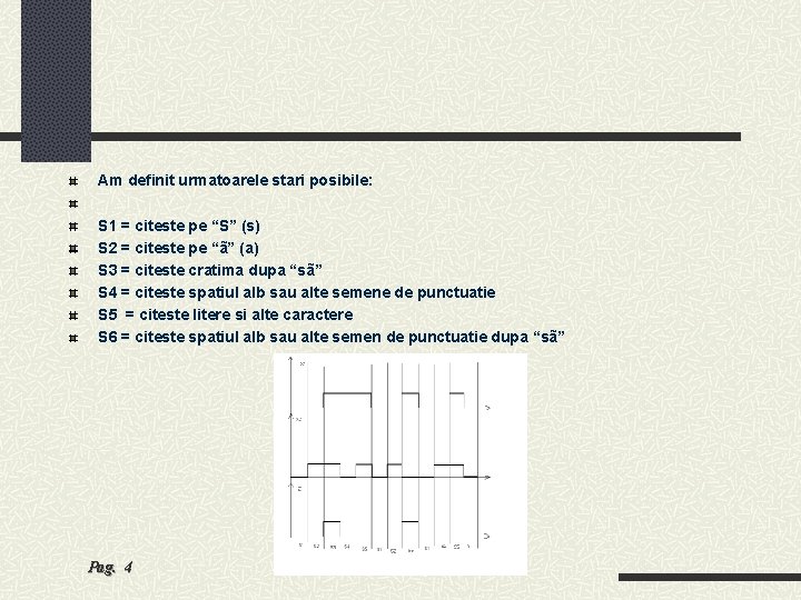 Am definit urmatoarele stari posibile: S 1 = citeste pe “S” (s) S 2