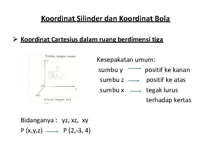Koordinat Silinder dan Koordinat Bola Ø Koordinat Cartesius dalam ruang berdimensi tiga Kesepakatan umum: