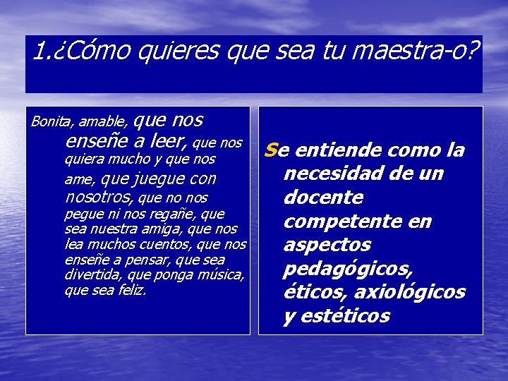 1. ¿Cómo quieres que sea tu maestra-o? Bonita, amable, que nos enseñe a leer,
