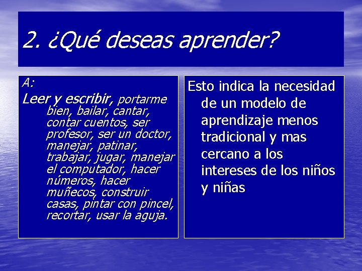 2. ¿Qué deseas aprender? A: Esto indica la necesidad Leer y escribir, portarme de