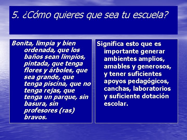 5. ¿Cómo quieres que sea tu escuela? Bonita, limpia y bien Significa esto que