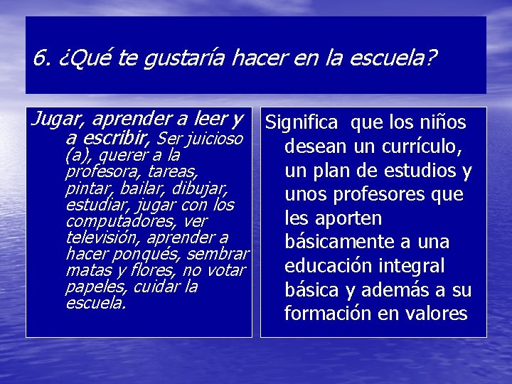 6. ¿Qué te gustaría hacer en la escuela? Jugar, aprender a leer y a