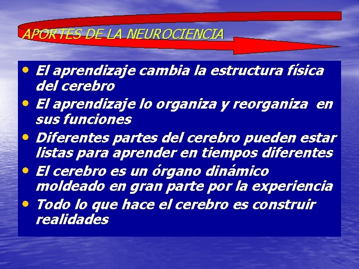 APORTES DE LA NEUROCIENCIA • El aprendizaje cambia la estructura física • • del