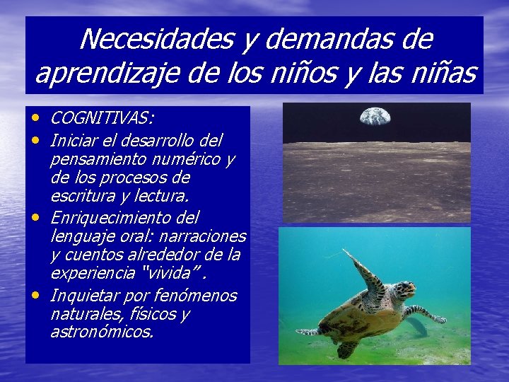 Necesidades y demandas de aprendizaje de los niños y las niñas • COGNITIVAS: •