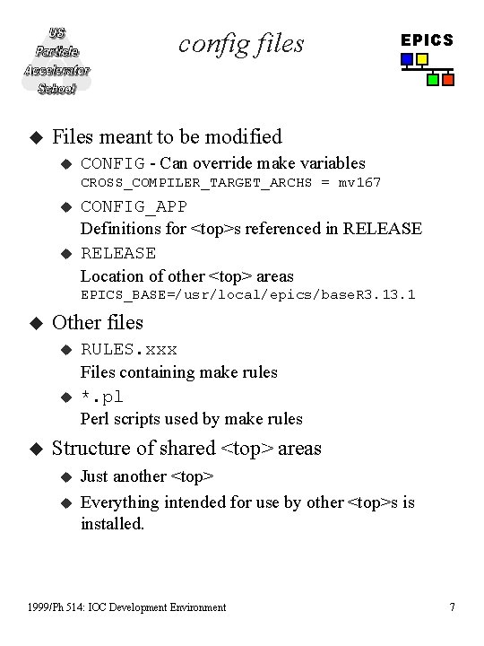 config files u EPICS Files meant to be modified u CONFIG - Can override