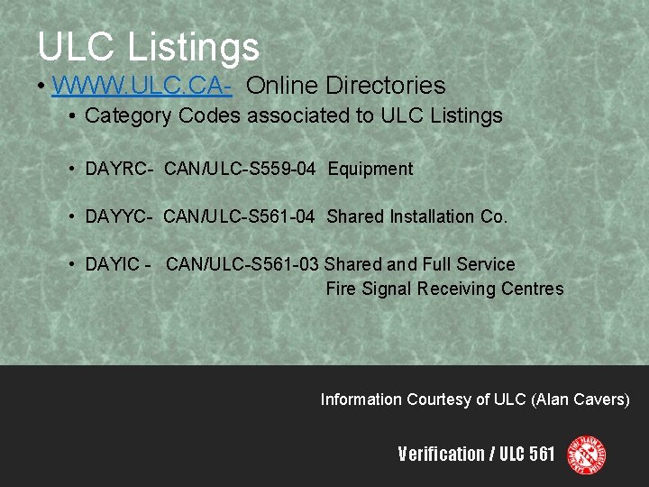 ULC Listings • WWW. ULC. CA- Online Directories • Category Codes associated to ULC