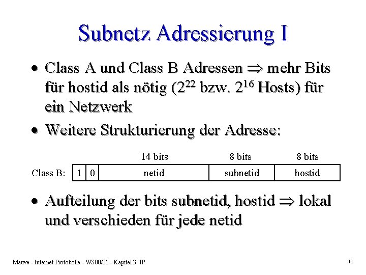 Subnetz Adressierung I · Class A und Class B Adressen mehr Bits für hostid