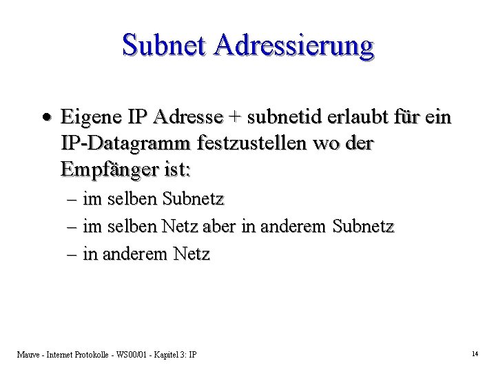 Subnet Adressierung · Eigene IP Adresse + subnetid erlaubt für ein IP-Datagramm festzustellen wo