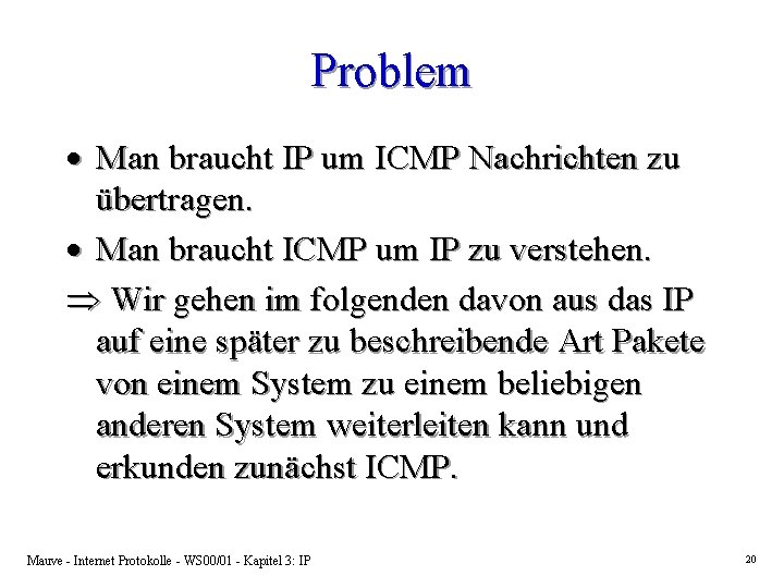 Problem · Man braucht IP um ICMP Nachrichten zu übertragen. · Man braucht ICMP