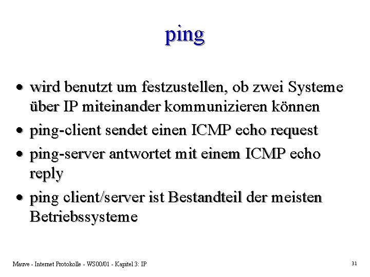 ping · wird benutzt um festzustellen, ob zwei Systeme über IP miteinander kommunizieren können ping · wird benutzt um festzustellen, ob zwei Systeme über IP miteinander kommunizieren können