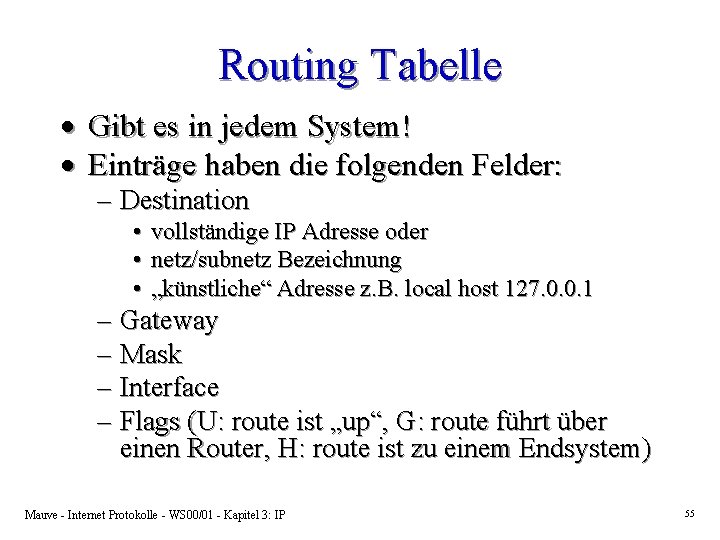 Routing Tabelle · Gibt es in jedem System! · Einträge haben die folgenden Felder: Routing Tabelle · Gibt es in jedem System! · Einträge haben die folgenden Felder:
