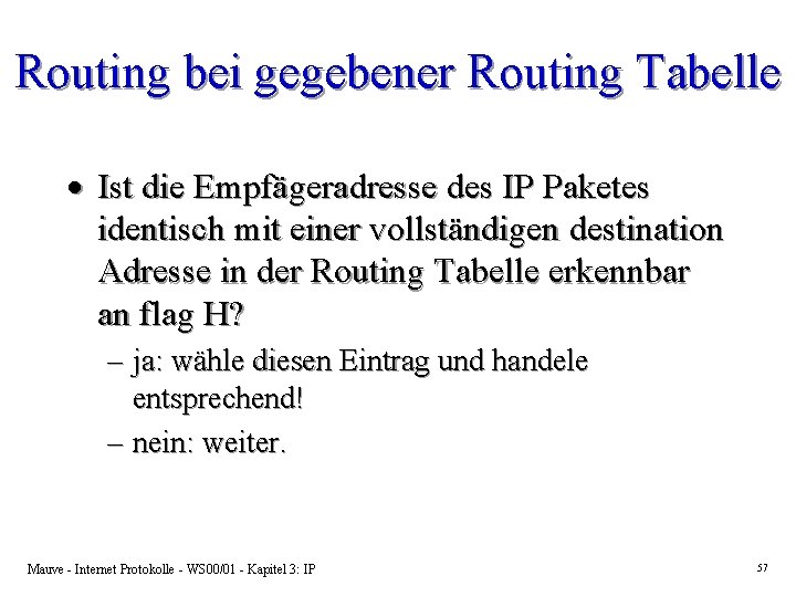 Routing bei gegebener Routing Tabelle · Ist die Empfägeradresse des IP Paketes identisch mit