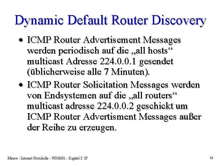 Dynamic Default Router Discovery · ICMP Router Advertisement Messages werden periodisch auf die „all