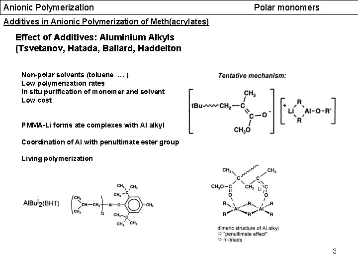 Anionic Polymerization Polar monomers Additives in Anionic Polymerization of Meth(acrylates) Effect of Additives: Aluminium