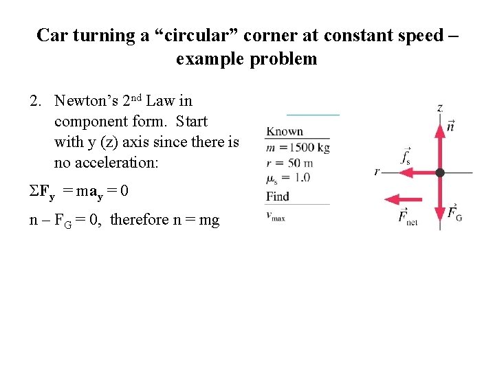 Car turning a “circular” corner at constant speed – example problem 2. Newton’s 2