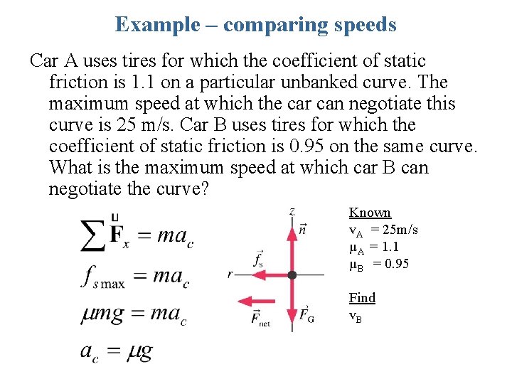 Example – comparing speeds Car A uses tires for which the coefficient of static