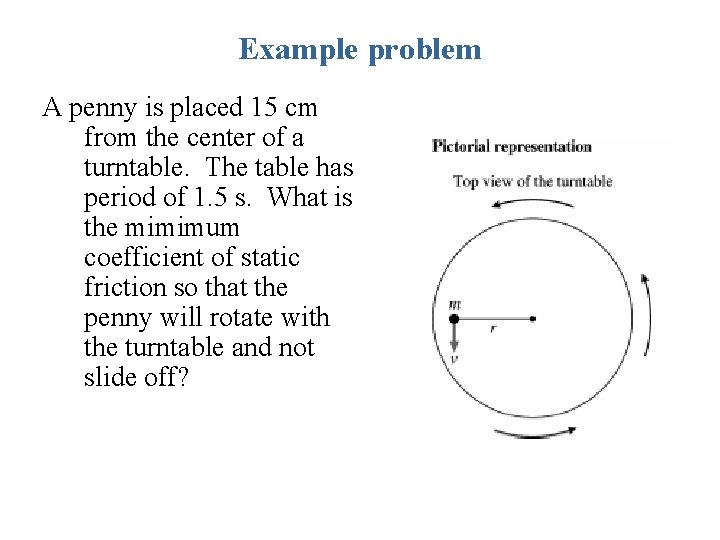 Example problem A penny is placed 15 cm from the center of a turntable.