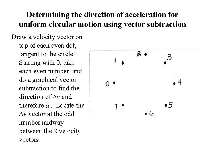 Determining the direction of acceleration for uniform circular motion using vector subtraction Draw a