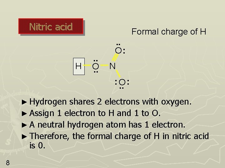 Nitric acid Formal charge of H H . . O: N : O. . Nitric acid Formal charge of H H . . O: N : O. .