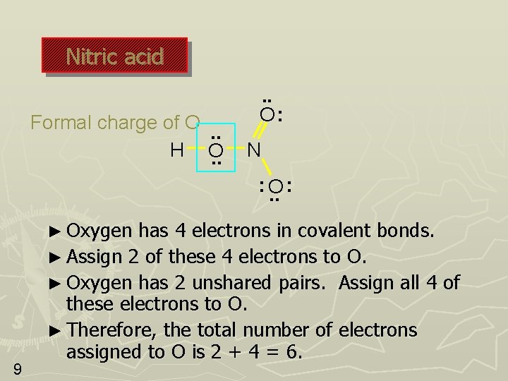 Nitric acid Formal charge of O. . H O. . O: N : O. Nitric acid Formal charge of O. . H O. . O: N : O.