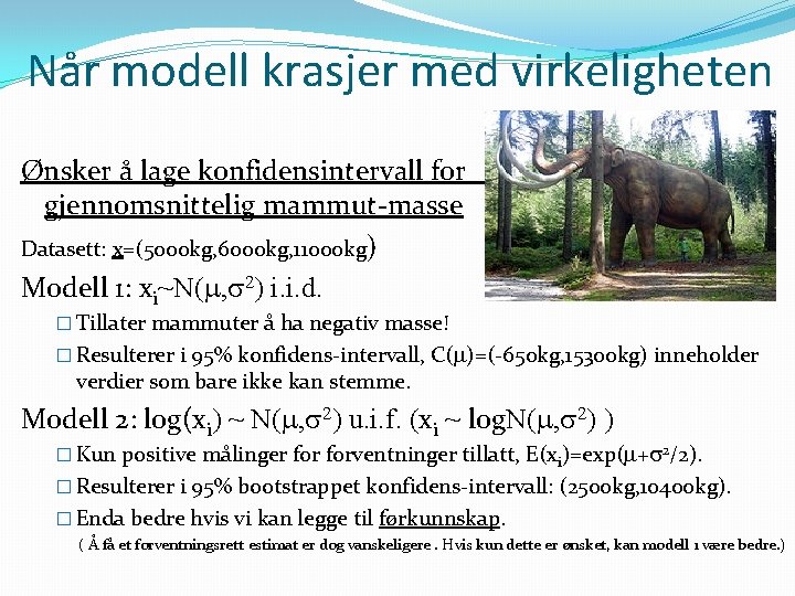 Når modell krasjer med virkeligheten Ønsker å lage konfidensintervall for gjennomsnittelig mammut-masse Datasett: x=(5000