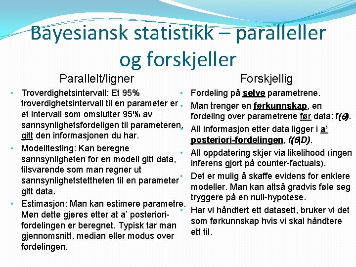 Bayesiansk statistikk – paralleller og forskjeller Parallelt/ligner • Troverdighetsintervall: Et 95% • troverdighetsintervall til