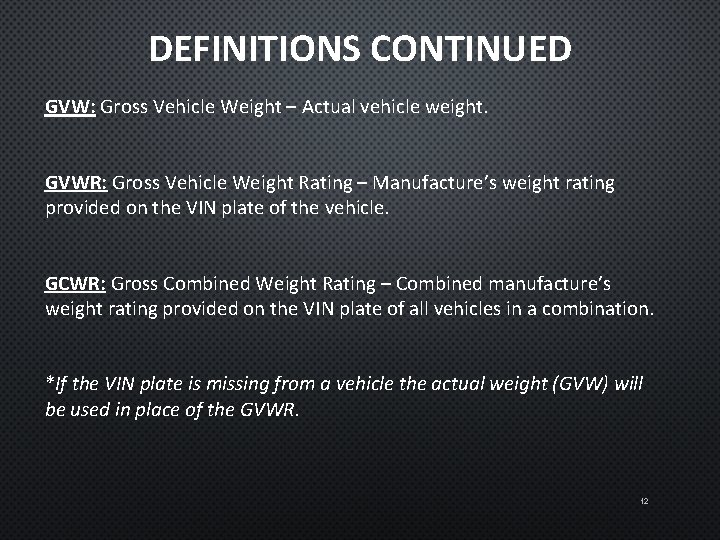 DEFINITIONS CONTINUED GVW: Gross Vehicle Weight – Actual vehicle weight. GVWR: Gross Vehicle Weight