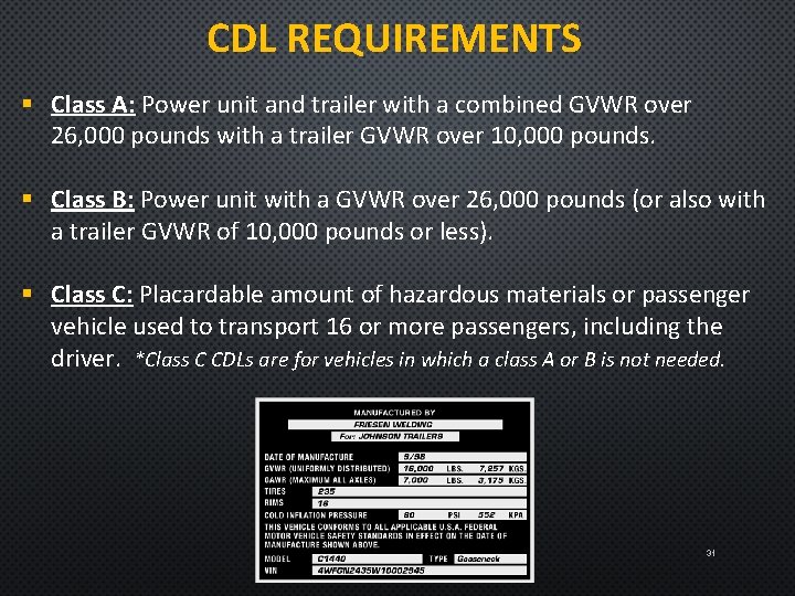 CDL REQUIREMENTS § Class A: Power unit and trailer with a combined GVWR over