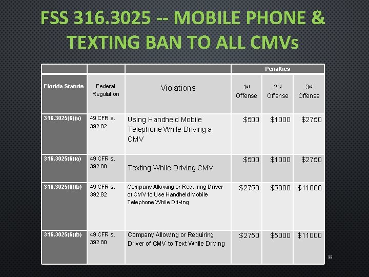 FSS 316. 3025 -- MOBILE PHONE & TEXTING BAN TO ALL CMVs Florida Statute