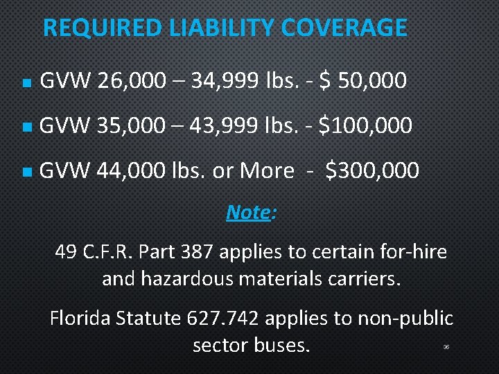 REQUIRED LIABILITY COVERAGE n GVW 26, 000 – 34, 999 lbs. - $ 50,