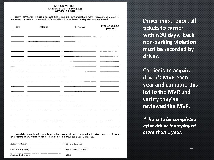 Driver must report all tickets to carrier within 30 days. Each non-parking violation must