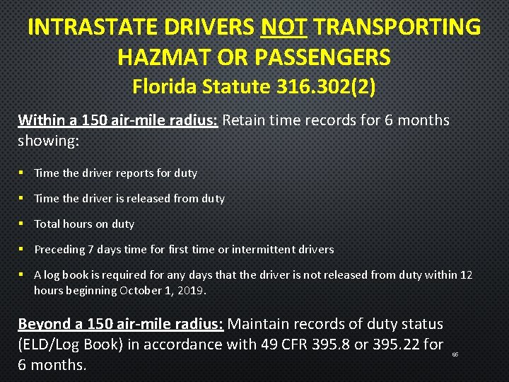 INTRASTATE DRIVERS NOT TRANSPORTING HAZMAT OR PASSENGERS Florida Statute 316. 302(2) Within a 150