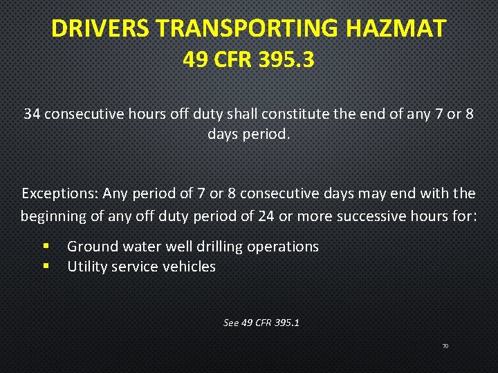 DRIVERS TRANSPORTING HAZMAT 49 CFR 395. 3 34 consecutive hours off duty shall constitute