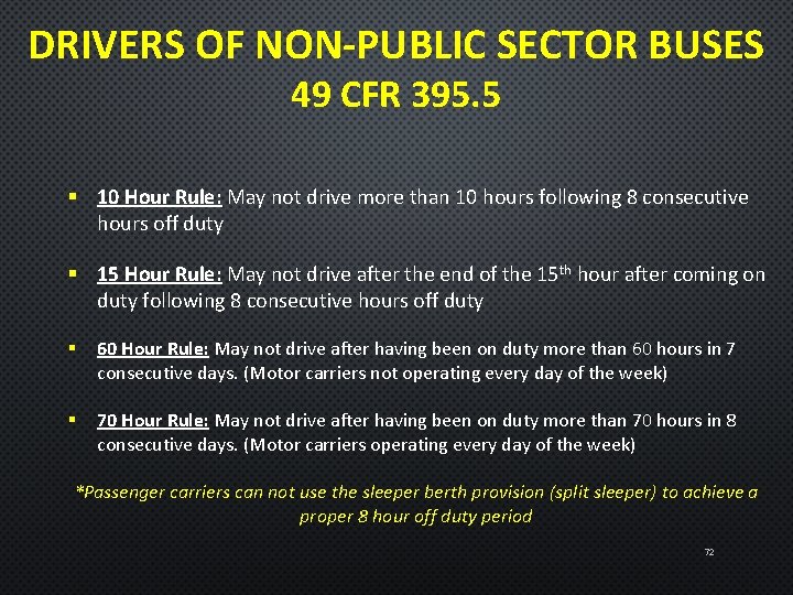 DRIVERS OF NON-PUBLIC SECTOR BUSES 49 CFR 395. 5 § 10 Hour Rule: May